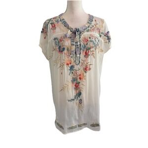 Johnny Was GORGEOUS Embroidered White Sheer Tunic With Neck Tie Sz Med EUC